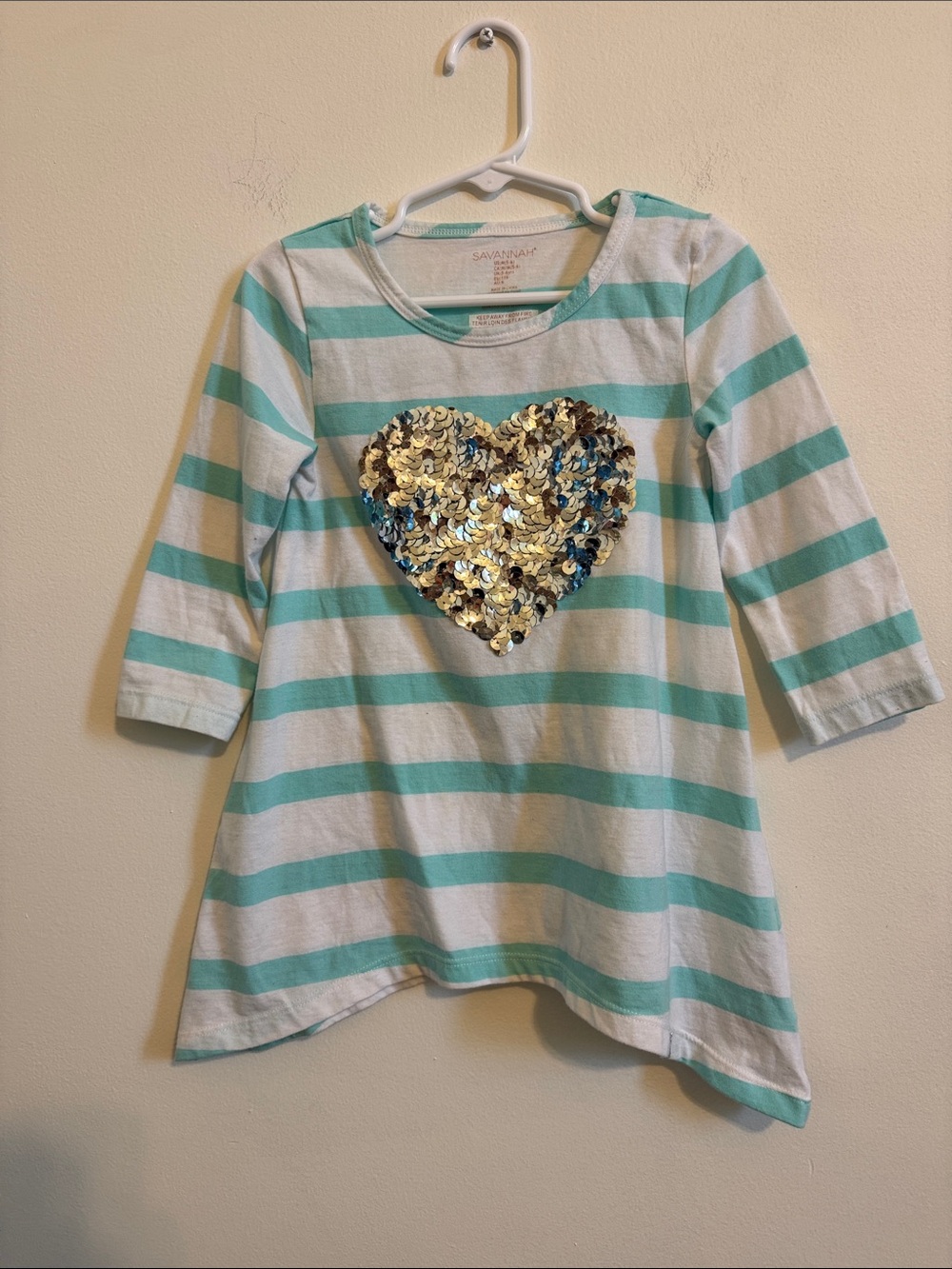 Savannah Mint and White Striped Long-Sleeve Top with Reversible Sequin Heart